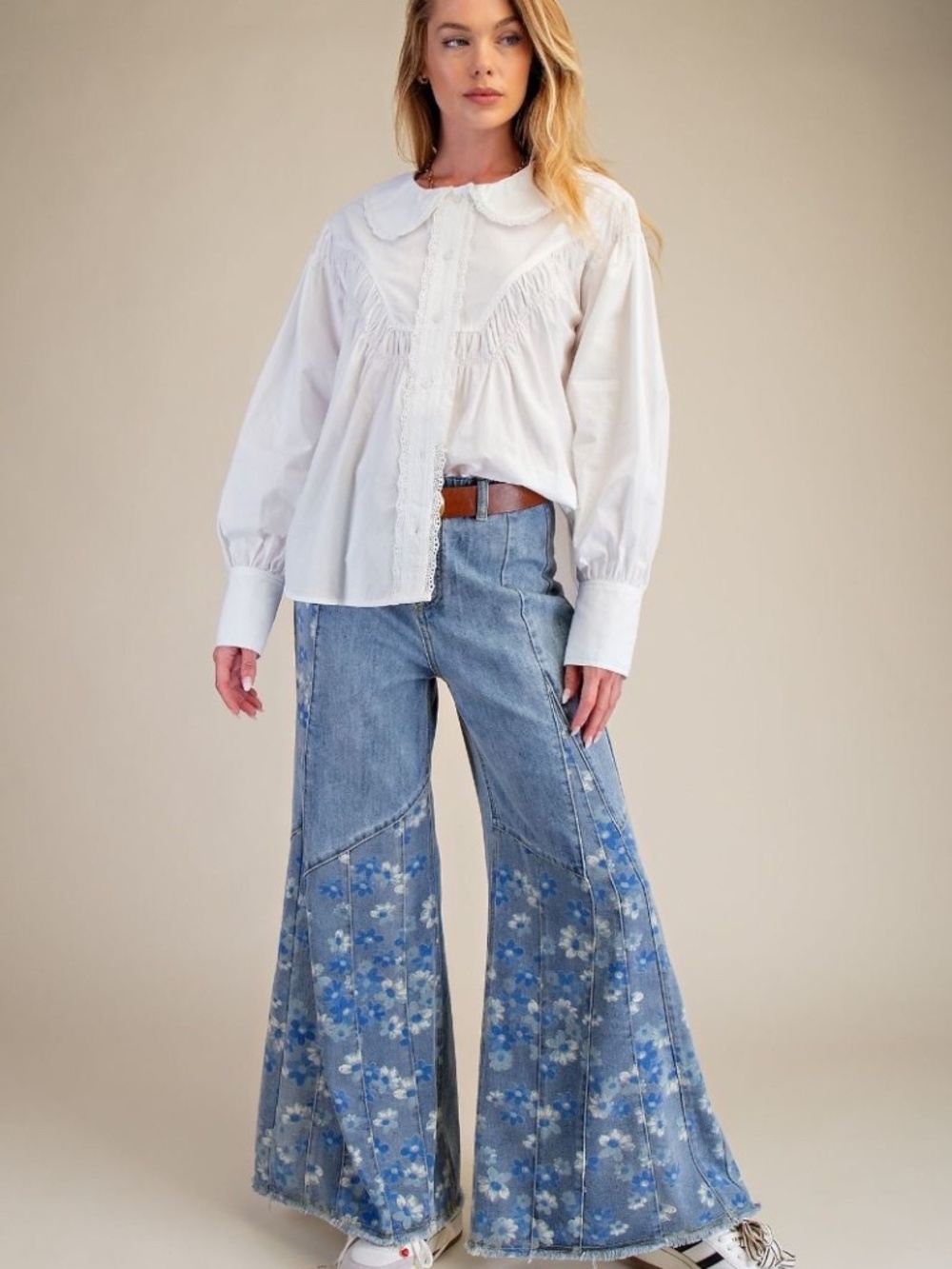 New Easel Light Wash Floral Print Panel Wide leg Pants Frayed Hem Denim Jeans - Picture 10 of 10
